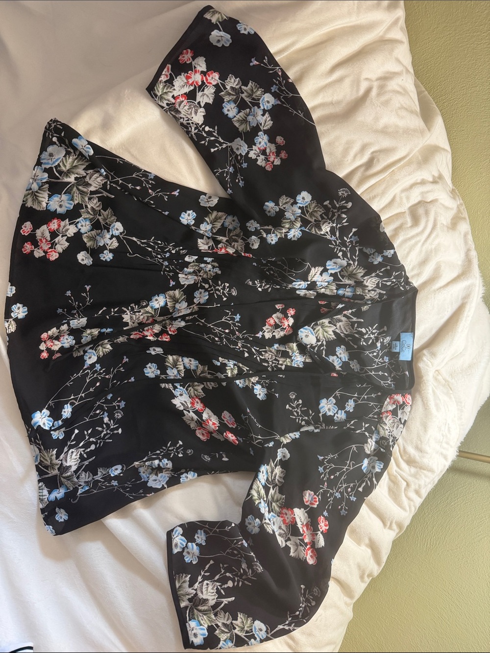 Black Floral Kimono top with Blue & Pink Blooms